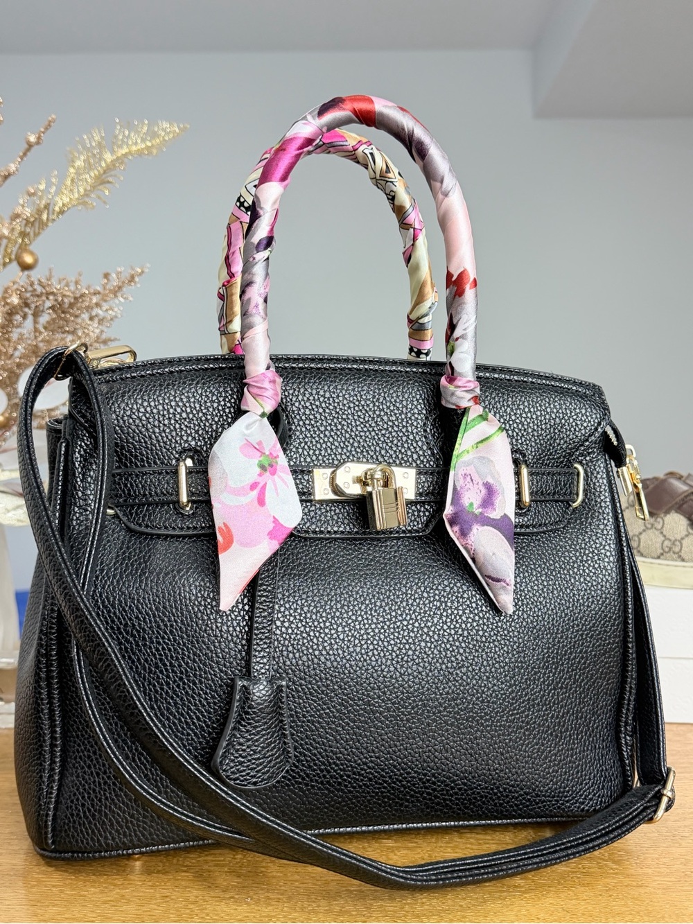 Black Structured Satchel Handbag Gold Hardware Shoulder Strap